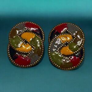 Vintage Colorful Enamel Loop Clip On Earrings